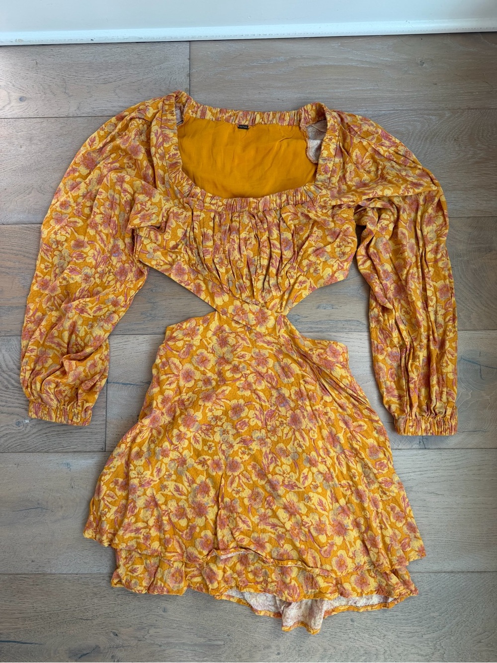 Free People Yellow Orange Floral Cutout Mini Dress